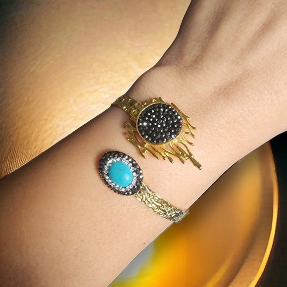🆕️Turkish Handmade Adjustable 18K Gold Plated Turquoise Cuff Ring Exclusive Set - Picture 7 of 14